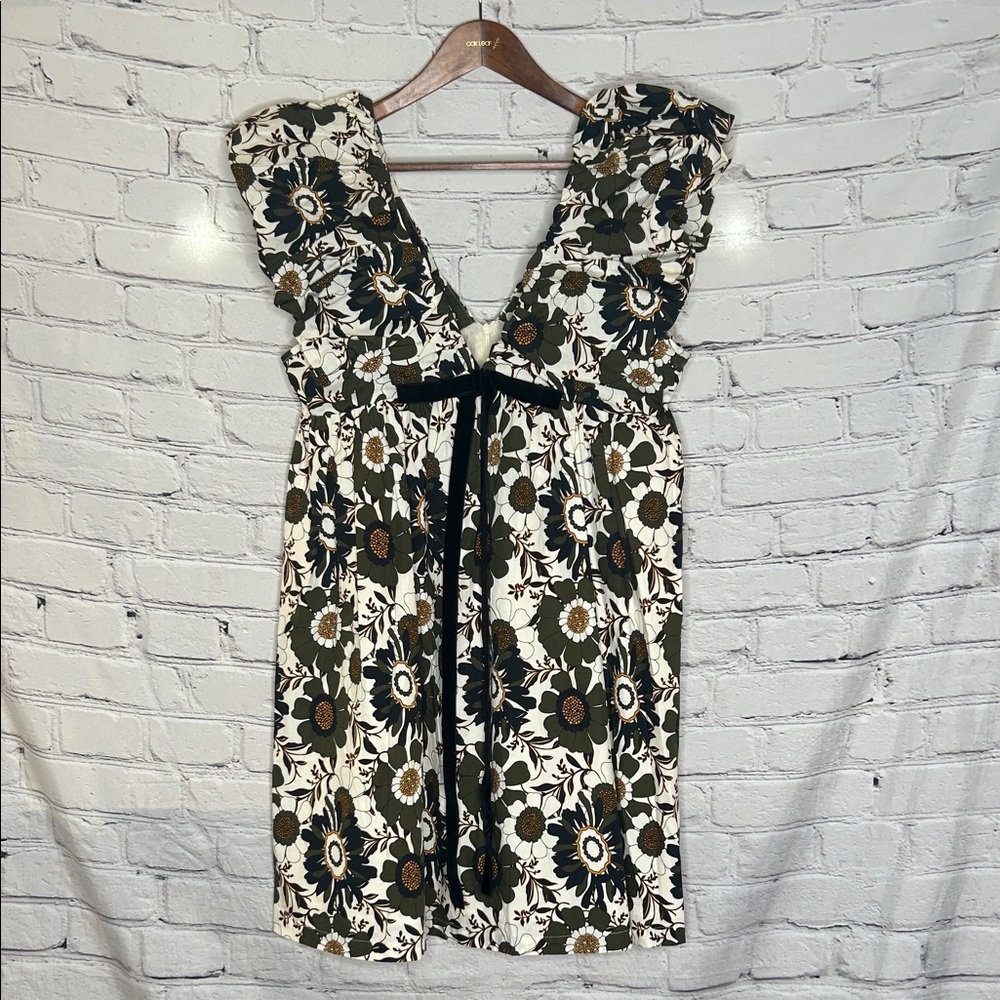 O.P.T. Green & Black Floral Black Velvet Bow Dress Size Large Brand New W/Tags